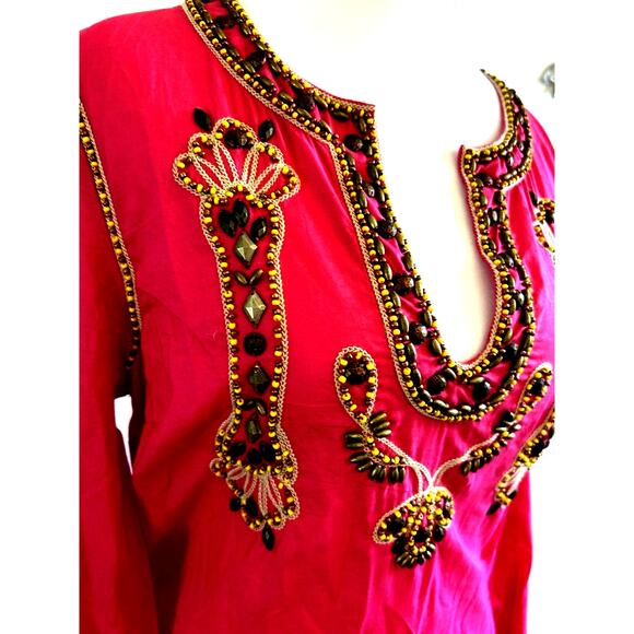 INC Pink Beaded Tunic Coverup boho festival resort vacation Embroidered  sz 6 - Picture 2 of 10